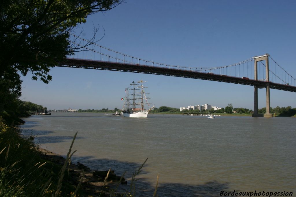 Le navire passe facilement sous le pont d'Aquitaine.