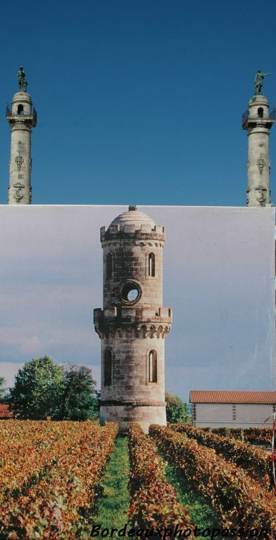 Peut-être avez-vous déjà vu la tour du château médocain "la tour l'Aspic" ? Elle a été photopgraphiée, agrandie et exposée face aux colonnes rostrales qui ont une certaine similitude.