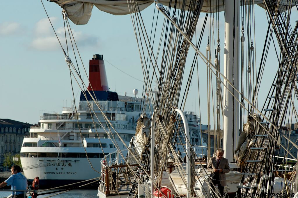 Le Belem n'est pas le seul bateau dans le port. Le paquebot de croisière japonais Nippon Maru était déjà là à son arrivée.