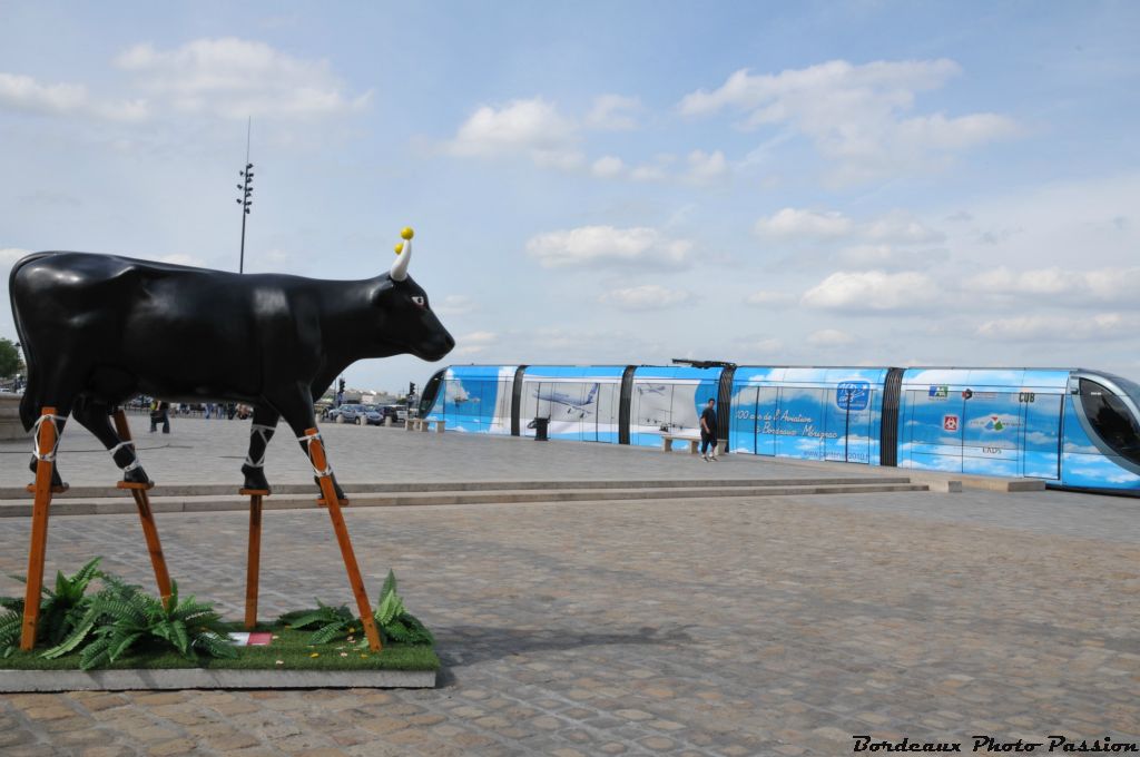 Hautement perchée sur ses échasses, la vache landaise d'Iturria est la propriété du journal Sud-Ouest. Elle peut voir le bâtiment du sponsor de l'autre côté de la Garonne à condition que le tramway ne lui cache pas la vue.