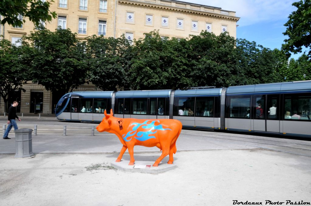 Je m'appelle Vcub, la vache de la Cub. Posée près du pôle multimodal place des Quinconces, vous ne pouvez pas me manqer avec ma belle robe orange.