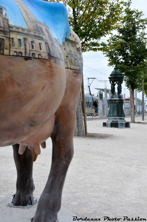 Les passants peuvent choisir le lait du pis de la vache ou bien l'eau de la fontaine Wallace toute proche.