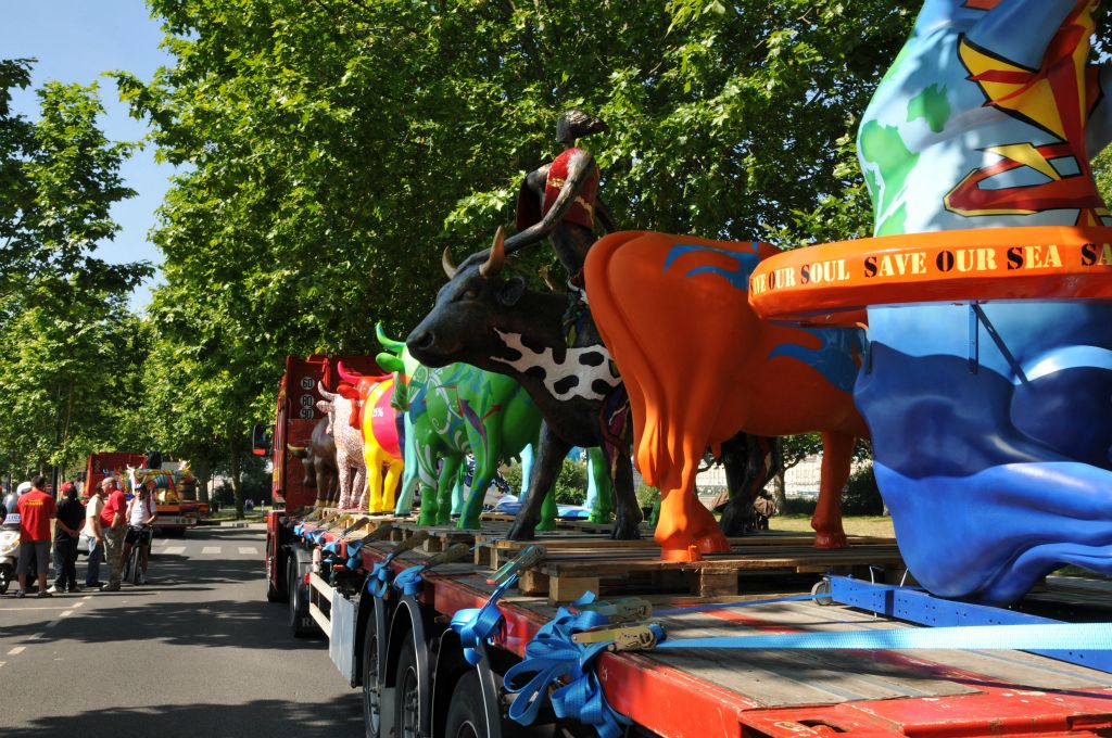 Sur le parc des Angéliques, les chauffeurs des 4 camions devant transporter les 58 vaches pour ce que l'on va appeler la cow-parade, attendent les ordres de la police municipale.