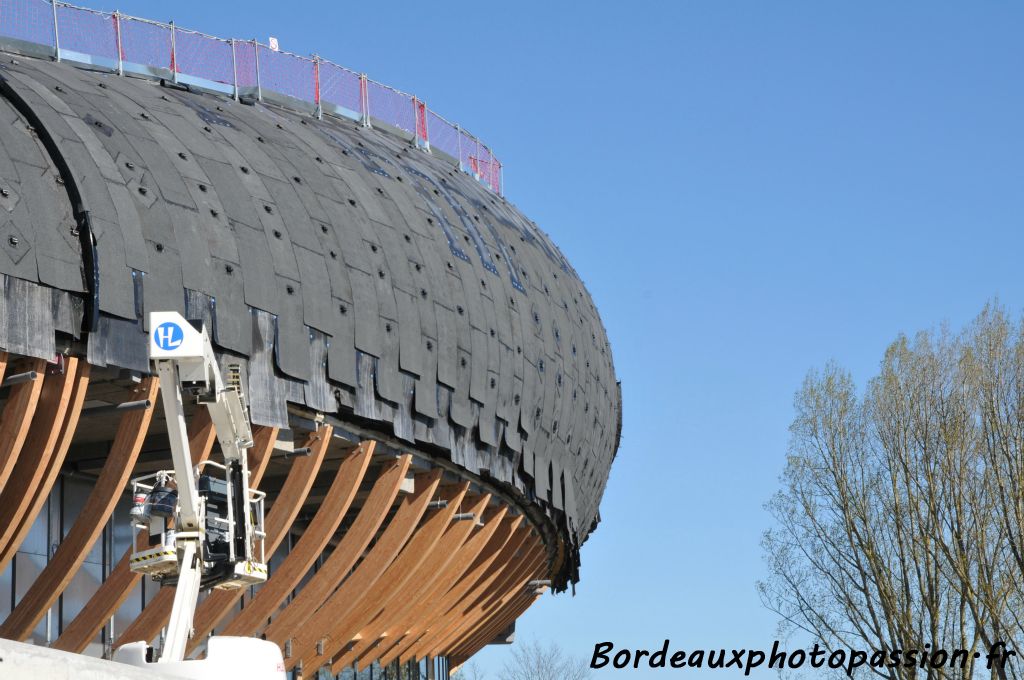 Les matériaux utilisés font la part belle au bois, avec une structure porteuse de 700 arcs en bois lamellé-collé (BLC) aux formes complexes, au verre et à l'aluminium.