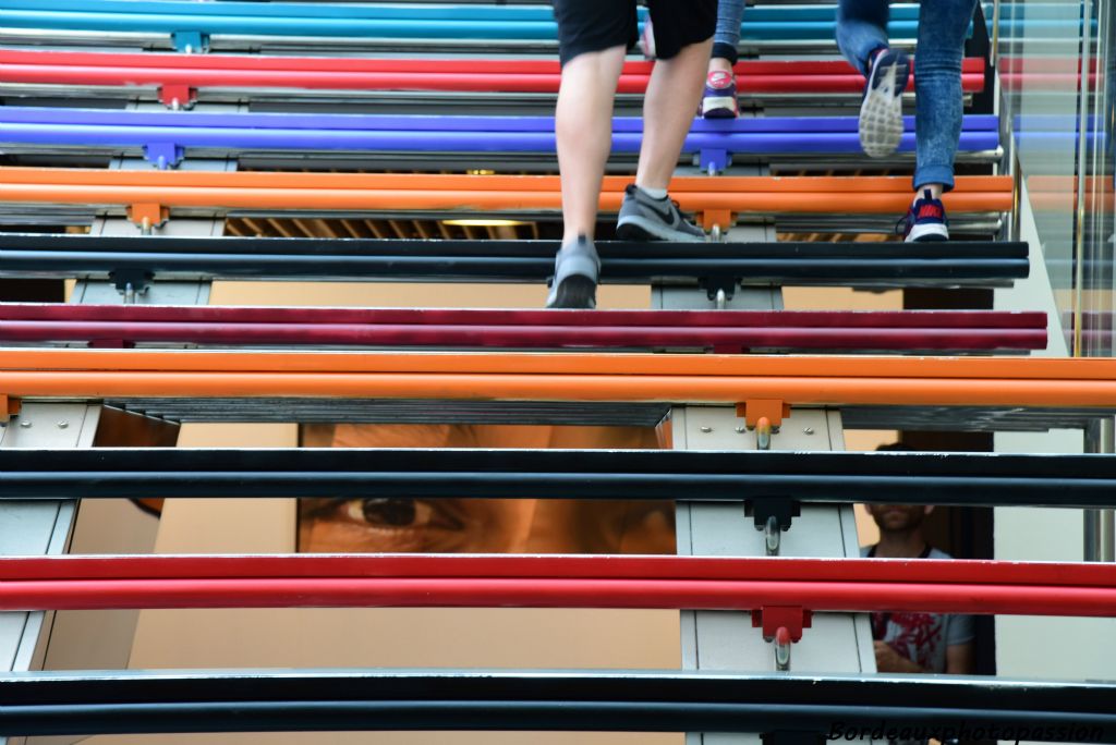 L'exposition est déservie par des escaliers colorés sur 5 niveaux.