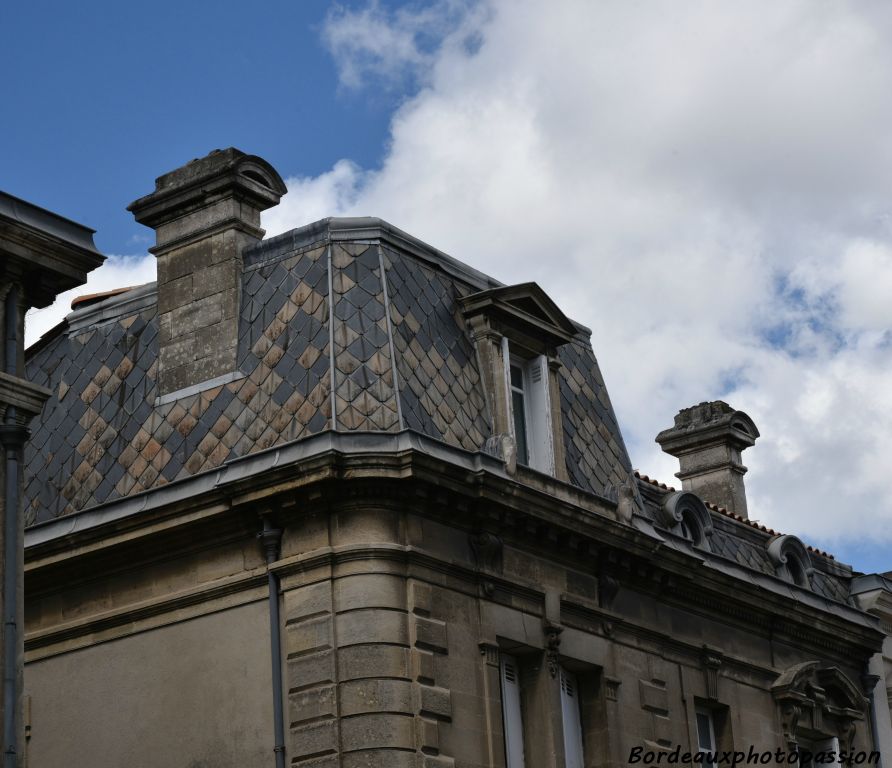 Dans le toit mansardé en ardoise, les chiens assis sont bien soulignés. Les cheminées sont de style Renaissance. Utilisation de refends en angle, en pseudo-chaine d’angle permettant d’ajouter du relief. 