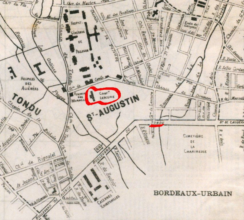 Sur cette carte de 1892, on peut voir le boulevard du Tondu (actuellement Leclerc) et le domaine du château Lescure restant, limité par le ruisseau Le Peugue.