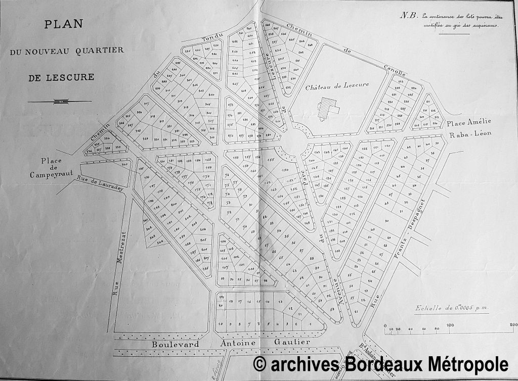 Le 8 février 1912, la société immobilière du Parc de Lescure achète à Harry Scott Jonhston, propriétaire du château Lescure, 17 ha de terrain afin de construire le nouveau quartier de Lescure.