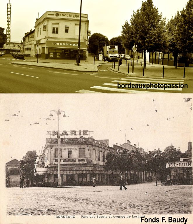 En haut, une photo prise depuis les boulevards de nos jours. À gauche l'entrée du stade Chaban-Delmas. Dessous à gauche, l'entrée du stade Duprat-Hüe avec l'hôtel-restaurant les Terrasses devenu une supérette et le restaurant Le Rond-Point  toujours existant.