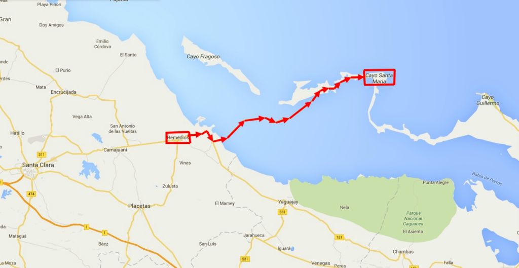 Pour atteindre les cayos de Villa Clara, une route de 48 km a été construite : 43 km sont sur mer.