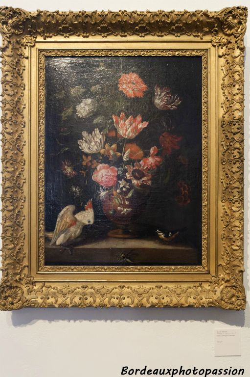 Jacob Marel (1614-1681), Fleurs, perroquet et mésange.