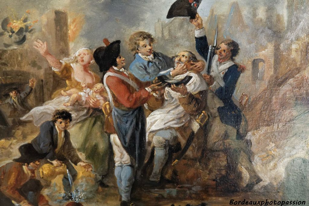 Louis Watteau, Le plat à barbe lillois. Le barbier Maës poursuit son travail au milieu des bombardements du siège de Lille de 1792, en utilisant un éclat de boulet.