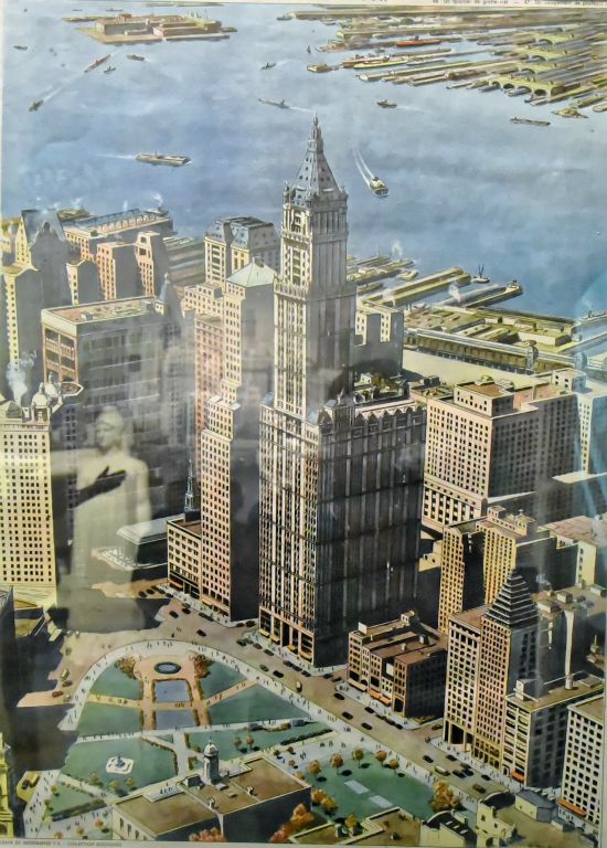Georges Bourdin illustrateur Montmorillon Vienne Un quartier de gratte-ciel,tableau de géographie n° 48 du cours élémentaire collection Rossignol.
