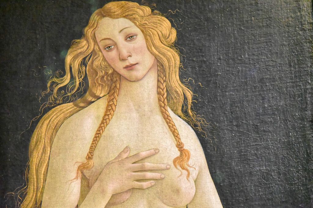 Botticelli a extrait le modèle de la "Naissance de Vénus" et l'a transposée sur un fond noir avec quelques variations.