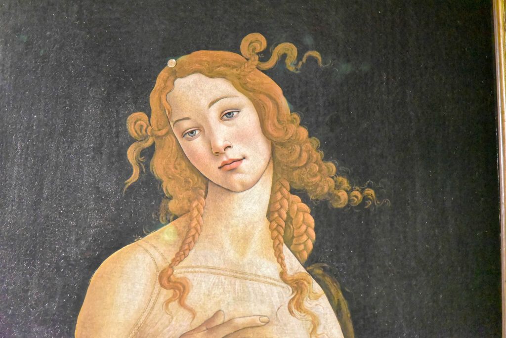 La Vénus précédente a des tresses celle-ci aussi mais une coiffure plus libre ornée d'un bijou.