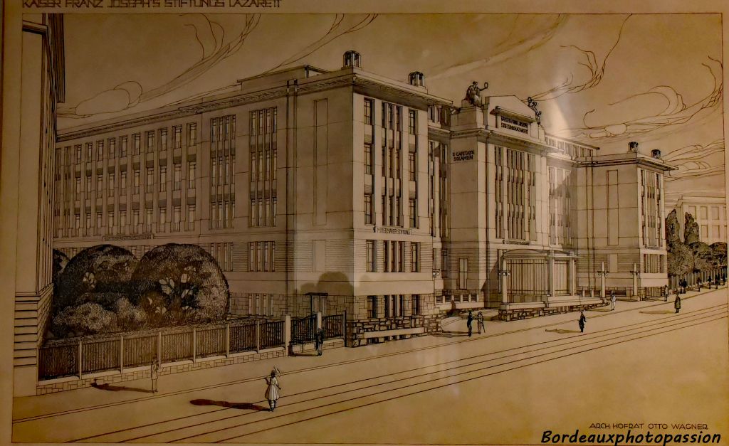 Pour cet hôpital Karl-Frantz-Josef  à Vienne 1914-1915 projet non réalisé, on note une modernité architecturale de la part d'Otto Wagner.