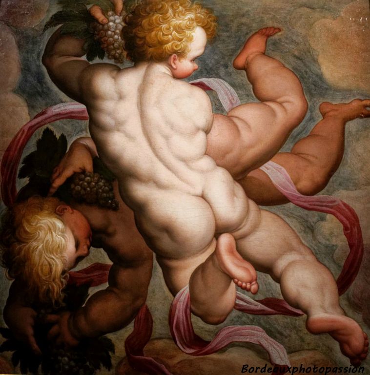 Giorgio Vasari, Allégorie des fruits d'automne 1570-1574 Deux garçonnets (putti) tiennent en main des grappes de raisin allusion à l'automne.