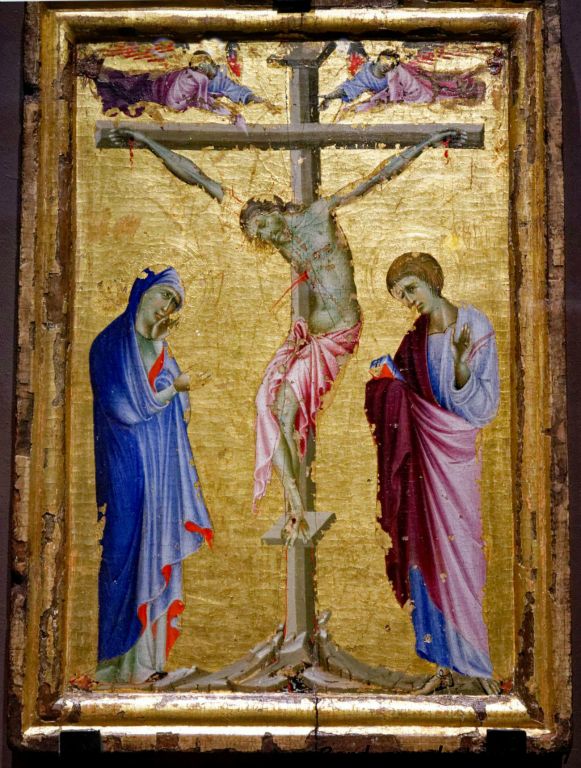 Peintre bolonais du XIIIe siècle : crucifixion avec la Vierge, saint Jean l'Évangéliste et deux anges vers 1280 Tempera et or sur bois