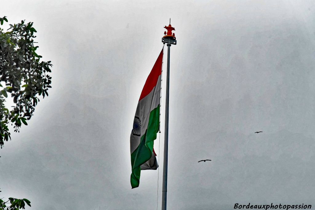Le drapeau indien comporte 3 bandes : safran au-dessus, blanc au milieu et vert pour celle du bas. Au centre de la bande blanche se trouve le chakra d'Ashoka, une roue bleue comportant vingt-quatre rayons.