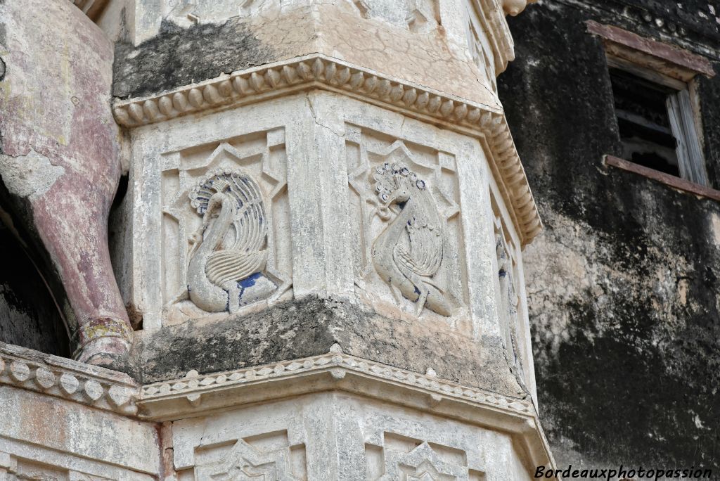 Les décorations animales sont présentes sur les murs. On y reconnaît le paon, oiseau mythique de l'Inde.