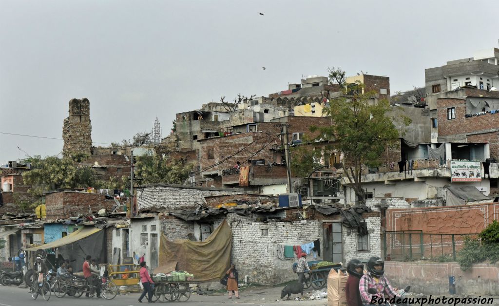 Entrée dans Jaipur par un quartier  pauvre qui garde encore la trace de son passé. Jaipur ou Djaïpour (de Jai, nom de son fondateur  et pur,  ville) est la capitale de l’État indien du Rajasthan. 