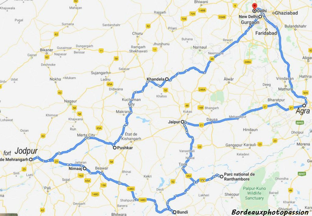Nos étapes : Kandhela, Pushkar, Jodpur, Nimaaj, Bundi, parc de Ranthambore, Jaipur, Agra et New-Dehli soit 1700 km seulement !